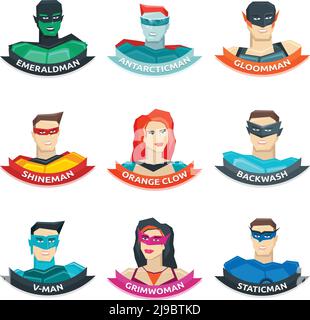 Superhero avatars collection with men and women in colorful clothing ribbons with names isolated vector illustration Stock Vector