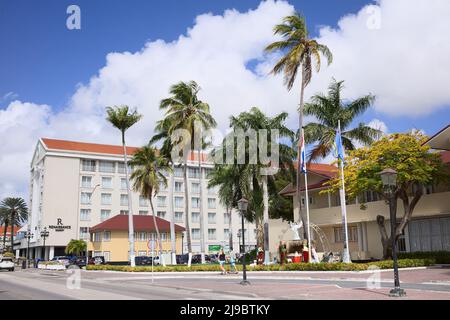 ORANJESTAD, ARUBA - DECEMBER 16, 2020: Nativity scene outside the Parliament building of Aruba and Renaissance Resort in Oranjestad, Aruba Stock Photo