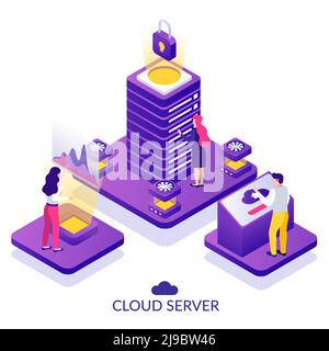 Datacenter secure cloud server service isometric composition with analytics virtually accessing data storage white background vector illustration Stock Vector