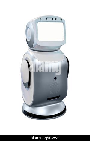 Robot with a blank screen isolated on white background  Stock Photo