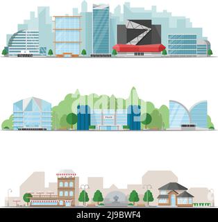 Three horizontal big city skylines banner set with colored beautiful urban buildings and landscapes vector illustration Stock Vector