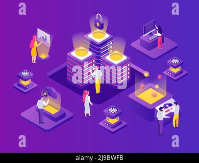 Data safe storage center isometric composition with online cloud access security lock symbol purple background vector illustration Stock Vector