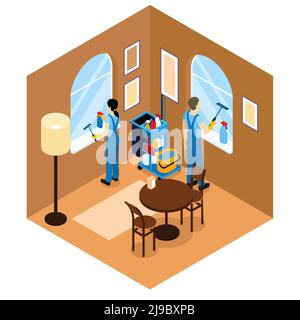 Windows cleaning isometric design with man and woman washing glasses in cafe or restaurant vector illustration Stock Vector
