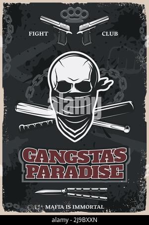 Mafia and gangster fight club poster with drawn skull in bandana and weapons on dark background vector illustration Stock Vector