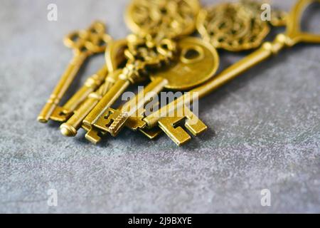 many old keys on table close up  Stock Photo