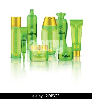 Cosmetics 3d composition in green color with body products of different series and their reflection vector illustration Stock Vector