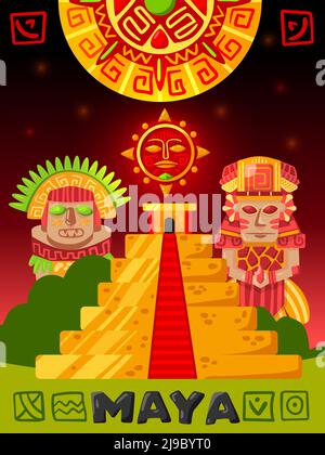 Maya civilization vertical poster with doodle images of mayan idols tribal clothes and golden pyramid building vector illustration Stock Vector