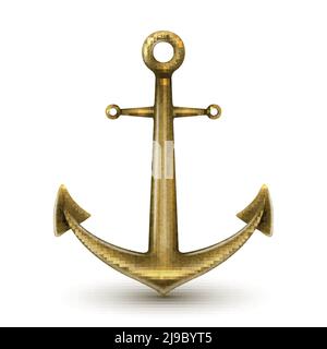 Single golden realistic anchor with metal texture and rings on white background isolated vector illustration Stock Vector