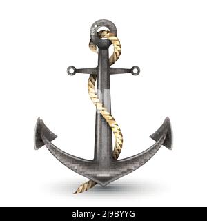 Shiny steel anchor with rope vector illustration isolated on white ...