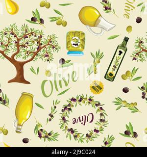 Olive seamless pattern with elements of products headlines and trees on light background vector illustration Stock Vector