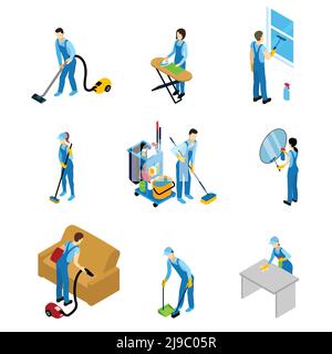 Professional cleaners isometric icons set with men and women doing different work isolated vector illustration Stock Vector