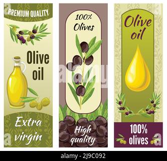 Three vertical isolated olive banner set with premium quality extra virgin olive oil descriptions vector illustration Stock Vector