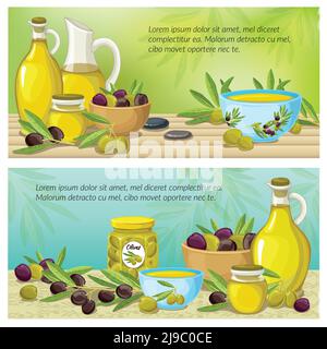 Two horizontal olive colored banner set with products derived from olives on table vector illustration Stock Vector