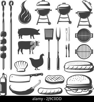 Isolated barbecue objects set with animal silhouettes skewer pans and grills burger pepper and sauce symbols vector illustration Stock Vector