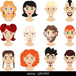 Portrait collection of male and female  characters with different hair color and hairstyle isolated cartoon vector illustration Stock Vector