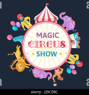 Circus show round composition with elephants lions and circus artists symbols and editable text flat vector illustration Stock Vector