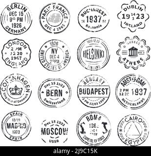 Set with 16 round isolated stamp postal signs with different departure cities in vintage style flat vector illustration Stock Vector