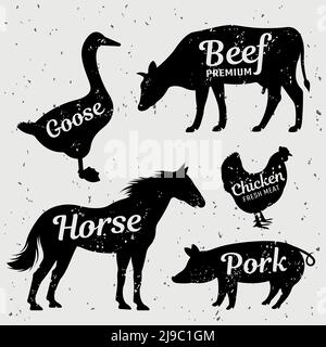 Butchery with quotes monochrome set including farm animals and typographic letterings on texture background isolated vector illustration Stock Vector
