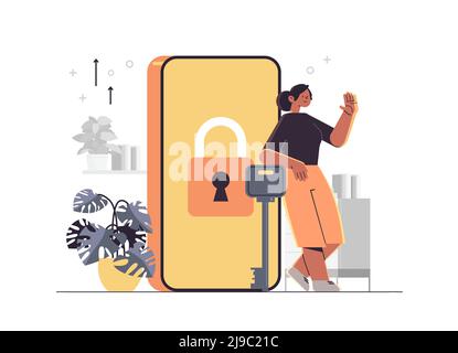 woman standing near locked smartphone with padlock mobile account privacy security concept full length Stock Vector