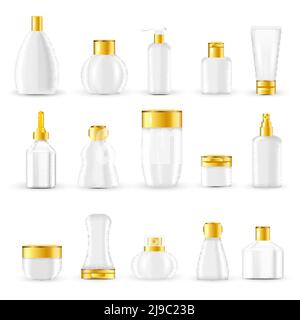 Cosmetic packaging design set with white glass or plastic containers and golden lids isolated vector illustration Stock Vector