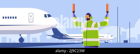 aviation marshaller supervisor near aircraft air traffic controller airline worker in signal vest professional airport staff Stock Vector