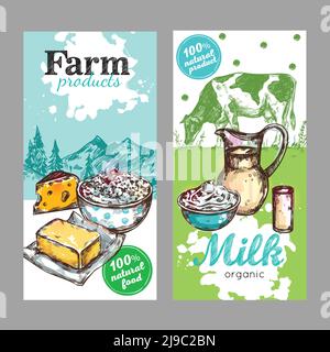 Two vertical farm products milk banner set with farm product and milk organic descriptions vector illustration Stock Vector