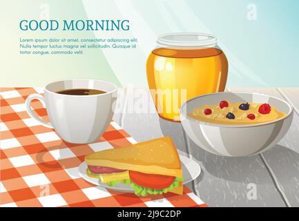 Colorful breakfast composition with coffee sandwich honey and oatmeal on white wooden table with checkered tablecloth vector illustration Stock Vector