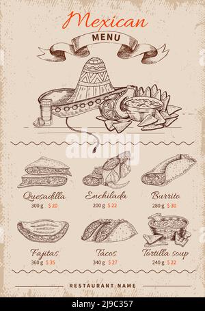 Mexican hand drawn restaurant menu with ribbon food icons and prices set on grunge background vector illustration Stock Vector