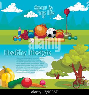 Healthy lifestyle horizontal banners with sports equipment and fresh vegetables on natural scenery backgrounds isolated vector illustration Stock Vector