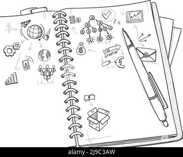 Sketch monochrome business concept with teamwork strategy marketing and financial elements drawing in notebook vector illustration Stock Vector