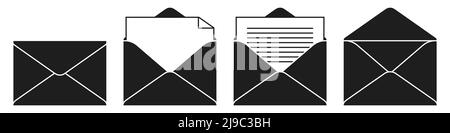 Black envelope icon vector set. Mail, e-mail, letter, or document icons isolated on a white background. Stock Vector