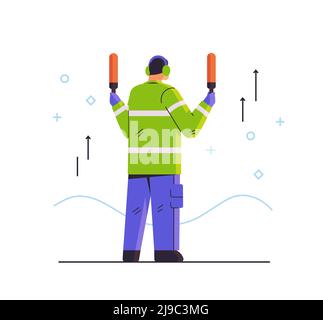 aviation marshaller supervisor signaling near aircraft air traffic controller airline worker in signal vest professional airport staff Stock Vector