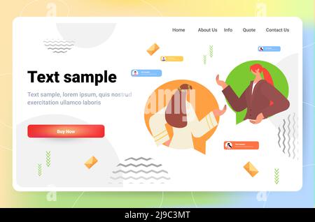 businesswomen in chat bubbles discussing during meeting online communication concept Stock Vector