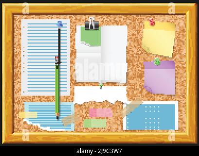 Cork board and note papers design with pencil clip and tacks photos on black background vector illustration Stock Vector