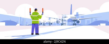 aviation marshaller supervisor near aircraft air traffic controller airline worker in signal vest professional airport staff Stock Vector