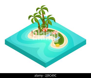 Isometric tropical beach vacation concept with tourists palm trees umbrellas chaise lounges lifebuoy on island vector illustration Stock Vector