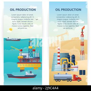 Two isolated vertical banners with sea and desert industrial cartoon scenery and decorative technics symbols flat vector illustration Stock Vector