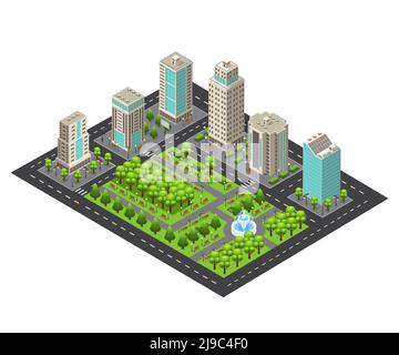 Isometric light cityscape concept with modern buildings road green park and fountain vector illustration Stock Vector