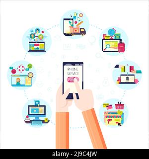 Phone service flat elements with online shopping support banking education delivery chat booking isolated vector illustration Stock Vector