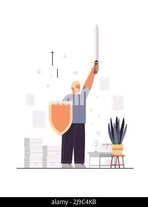 businessman holding sword and shield businessman office worker protection preparation precaution concept Stock Vector