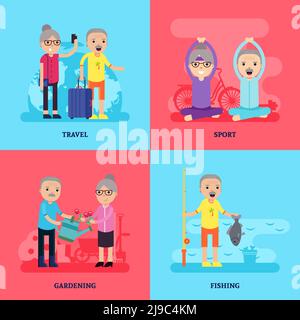 Leisure activity flat concept with senior people in different sport physical and active situations vector illustration Stock Vector
