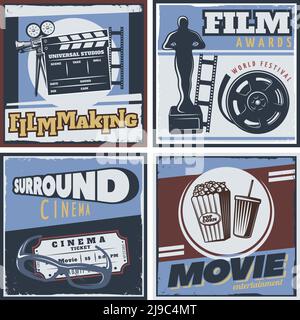 Colorful square composition with pop art style film and cinema festival symbols drink and popcorn vector illustration Stock Vector