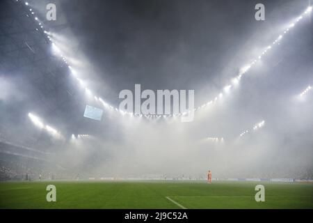 Smoke at the Velodrome stadium during the Ligue 1 Uber Eats match match ...