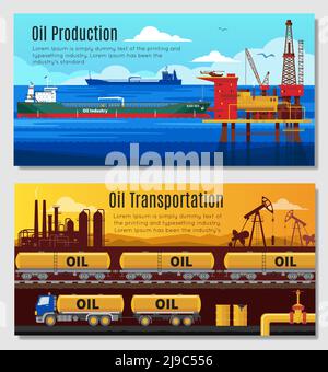 Oil industry horizontal banners with petroleum extraction and refining  railway and truck transportation  isolated vector illustration Stock Vector