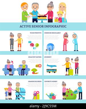 Active senior people flat infographics with healthy lifestyle hobbies proper nutrition and sport exercises vector illustration Stock Vector
