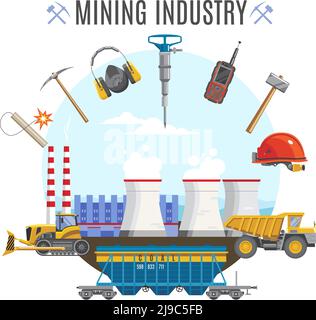 Mining industial background composition with factory equipment and transportation vehicles flat symbols with editable title text vector illustration Stock Vector