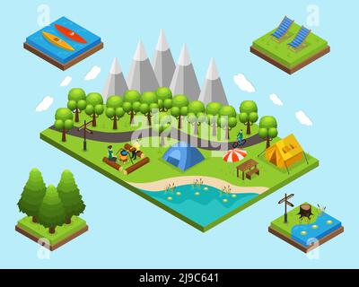 Isometric outdoor recreation and hiking composition with people camping elements and nature objects isolated vector illustration Stock Vector