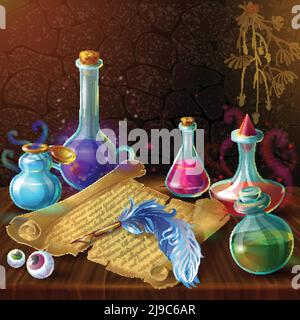 Magic bottles with recipe composition with potion jars plugs and human eyes on wooden table vector illustration Stock Vector