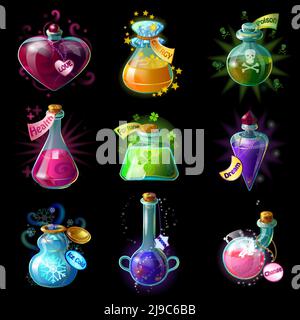 Isolated cartoon style magic potions for transformations set with colorful liquids in jars if different shape vector illustration Stock Vector