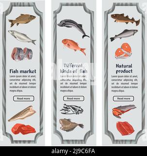 Sketch colored seafood vertical banners with text and different whole fishes parts and pieces vector illustration Stock Vector